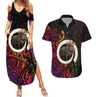 Vanuatu Boar Cowboy Couples Matching Summer Maxi Dress and Hawaiian Shirt Tusk Gradient Polynesian Pattern - Polynesian Pride