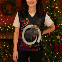 Vanuatu Boar Cowboy Christmas Knitted V-Neck Vest Tusk Gradient Polynesian Pattern - Polynesian Pride