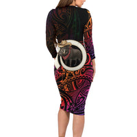 Vanuatu Boar Cowboy Long Sleeve Bodycon Dress Tusk Gradient Polynesian Pattern - Polynesian Pride