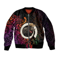 Vanuatu Boar Cowboy Sleeve Zip Bomber Jacket Tusk Gradient Polynesian Pattern - Polynesian Pride