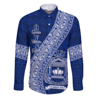 Personalised Fiji Queen Victoria School Family Matching Puletasi Dress and Hawaiian Shirt Fijian Tapa Pattern LT14 Dad's Shirt - Long Sleeve Blue - Polynesian Pride