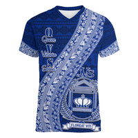 Personalised Fiji Queen Victoria School Women V Neck T Shirt Fijian Tapa Pattern LT14 Female Blue - Polynesian Pride