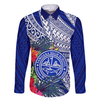 Personalised Samoana High School Family Matching Summer Maxi Dress and Hawaiian Shirt American Samoa Schools Polynesian Tropical Flowers LT14 Dad's Shirt - Long Sleeve Blue - Polynesian Pride
