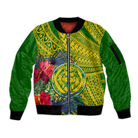 Personalised Leone High School Sleeve Zip Bomber Jacket American Samoa Schools Polynesian Tropical Flowers LT14 Unisex Green - Polynesian Pride