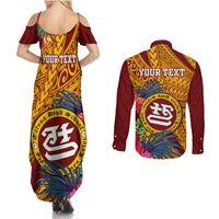 Personalised Tafuna High School Couples Matching Summer Maxi Dress and Long Sleeve Button Shirt American Samoa Schools Polynesian Tropical Flowers LT14 - Polynesian Pride