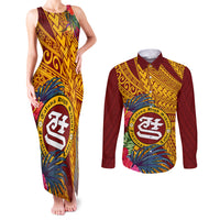 Personalised Tafuna High School Couples Matching Tank Maxi Dress and Long Sleeve Button Shirt American Samoa Schools Polynesian Tropical Flowers LT14 Maroon - Polynesian Pride