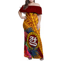 Personalised Tafuna High School Family Matching Off Shoulder Maxi Dress and Hawaiian Shirt American Samoa Schools Polynesian Tropical Flowers LT14 Mom's Dress Maroon - Polynesian Pride
