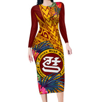 Personalised Tafuna High School Long Sleeve Bodycon Dress American Samoa Schools Polynesian Tropical Flowers LT14 Long Dress Maroon - Polynesian Pride