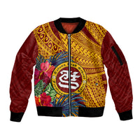 Personalised Tafuna High School Sleeve Zip Bomber Jacket American Samoa Schools Polynesian Tropical Flowers LT14 Unisex Maroon - Polynesian Pride