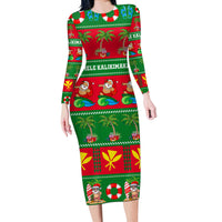 Personalised Hawaii Christmas Long Sleeve Bodycon Dress Mele Kalikimaka LT14 Long Dress Green - Polynesian Pride