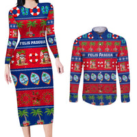 Personalised Guam Christmas Couples Matching Long Sleeve Bodycon Dress and Long Sleeve Button Shirt Felis Pasgua LT14 Blue - Polynesian Pride