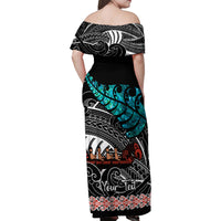 Personalised New Zealand Waka Family Matching Off Shoulder Maxi Dress and Hawaiian Shirt Aotearoa Maori Silver Fern Pattern LT14 - Polynesian Pride