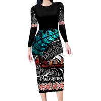 Personalised New Zealand Waka Long Sleeve Bodycon Dress Aotearoa Maori Silver Fern Pattern LT14 Long Dress Black - Polynesian Pride