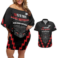 Personalised Toitu Te Tiriti Mana Maori Motuhake Couples Matching Off Shoulder Short Dress and Hawaiian Shirt Aotearoa Haka Face Mix Poutama Art