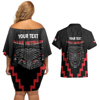 Personalised Toitu Te Tiriti Mana Maori Motuhake Couples Matching Off Shoulder Short Dress and Hawaiian Shirt Aotearoa Haka Face Mix Poutama Art