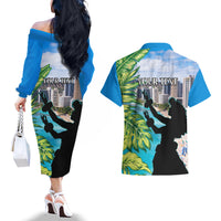 Personalised Honolulu Aloha Hawaii Couples Matching Off The Shoulder Long Sleeve Dress and Hawaiian Shirt Tropical Leaves With Hula Girl LT14 - Polynesian Pride