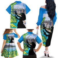 Personalised Honolulu Aloha Hawaii Family Matching Off Shoulder Long Sleeve Dress and Hawaiian Shirt Tropical Leaves With Hula Girl LT14 - Polynesian Pride