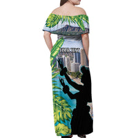 Personalised Honolulu Aloha Hawaii Off Shoulder Maxi Dress Tropical Leaves With Hula Girl LT14 - Polynesian Pride