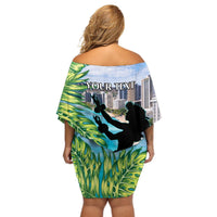 Personalised Honolulu Aloha Hawaii Off Shoulder Short Dress Tropical Leaves With Hula Girl LT14 - Polynesian Pride