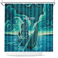 Personalised New Zealand Waitangi Day Shower Curtain Hei Tiki With Maori Waka - Whakarare Pattern