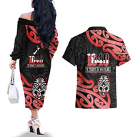 New Zealand 1840 Waitangi Day Couples Matching Off The Shoulder Long Sleeve Dress and Hawaiian Shirt Aotearoa Haka Mask - Red Version