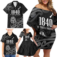 New Zealand 1840 Waitangi Day Family Matching Off Shoulder Short Dress and Hawaiian Shirt Aotearoa Haka Mask - Black Version