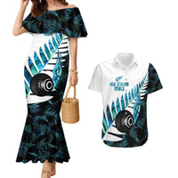 New Zealand Lawn Bowls Custom Couples Matching Mermaid Dress and Hawaiian Shirt Aotearoa Silver Fern Paua Shell LT14 Black - Polynesian Pride