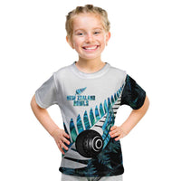 New Zealand Lawn Bowls Custom Kid T Shirt Aotearoa Silver Fern Paua Shell LT14 Black - Polynesian Pride