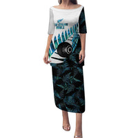 New Zealand Lawn Bowls Custom Puletasi Aotearoa Silver Fern Paua Shell LT14 Long Dress Black - Polynesian Pride