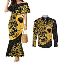 Polynesia Bone Cancer Awareness Couples Matching Mermaid Dress and Long Sleeve Button Shirt Fight Warriors LT14 Black - Polynesian Pride