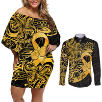 Polynesia Bone Cancer Awareness Couples Matching Off Shoulder Short Dress and Long Sleeve Button Shirt Fight Warriors LT14 Black - Polynesian Pride