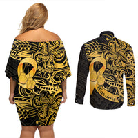 Polynesia Bone Cancer Awareness Couples Matching Off Shoulder Short Dress and Long Sleeve Button Shirt Fight Warriors LT14 - Polynesian Pride