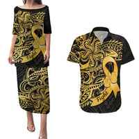 Polynesia Bone Cancer Awareness Couples Matching Puletasi and Hawaiian Shirt Fight Warriors LT14 Black - Polynesian Pride