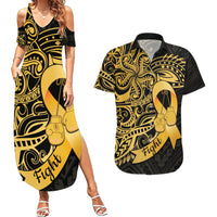 Polynesia Bone Cancer Awareness Couples Matching Summer Maxi Dress and Hawaiian Shirt Fight Warriors LT14 Black - Polynesian Pride