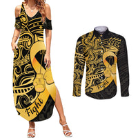 Polynesia Bone Cancer Awareness Couples Matching Summer Maxi Dress and Long Sleeve Button Shirt Fight Warriors LT14 Black - Polynesian Pride