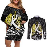 Personalised Polynesia World Lung Cancer Day Couples Matching Off Shoulder Short Dress and Long Sleeve Button Shirt Faith Hope Love LT14 Black - Polynesian Pride