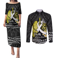 Personalised Polynesia World Lung Cancer Day Couples Matching Puletasi and Long Sleeve Button Shirt Faith Hope Love LT14 Black - Polynesian Pride