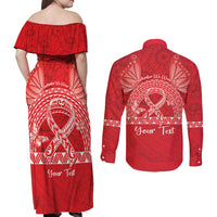Personalised In September We Wear Red Couples Matching Off Shoulder Maxi Dress and Long Sleeve Button Shirt Polynesia Blood Cancer Awareness