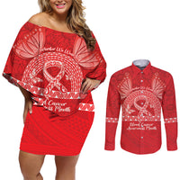 Personalised In September We Wear Red Couples Matching Off Shoulder Short Dress and Long Sleeve Button Shirt Polynesia Blood Cancer Awareness LT14 Red - Polynesian Pride