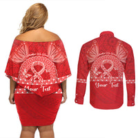 Personalised In September We Wear Red Couples Matching Off Shoulder Short Dress and Long Sleeve Button Shirt Polynesia Blood Cancer Awareness LT14 - Polynesian Pride