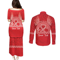 Personalised In September We Wear Red Couples Matching Puletasi and Long Sleeve Button Shirt Polynesia Blood Cancer Awareness LT14 - Polynesian Pride