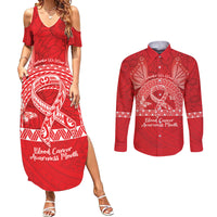 Personalised In September We Wear Red Couples Matching Summer Maxi Dress and Long Sleeve Button Shirt Polynesia Blood Cancer Awareness LT14 Red - Polynesian Pride
