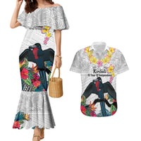 Kiribati Independence Day Couples Matching Mermaid Dress and Hawaiian Shirt Frigatebird Mix Tropical Flowers - White Style LT14 White - Polynesian Pride