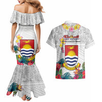 Kiribati Independence Day Couples Matching Mermaid Dress and Hawaiian Shirt Frigatebird Mix Tropical Flowers - White Style LT14 - Polynesian Pride