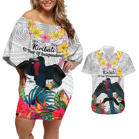Kiribati Independence Day Couples Matching Off Shoulder Short Dress and Hawaiian Shirt Frigatebird Mix Tropical Flowers - White Style LT14 White - Polynesian Pride