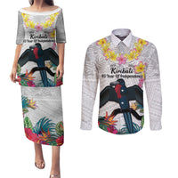 Kiribati Independence Day Couples Matching Puletasi and Long Sleeve Button Shirt Frigatebird Mix Tropical Flowers - White Style LT14 White - Polynesian Pride