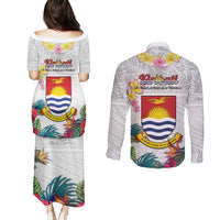 Kiribati Independence Day Couples Matching Puletasi and Long Sleeve Button Shirt Frigatebird Mix Tropical Flowers - White Style LT14 - Polynesian Pride