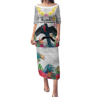 Kiribati Independence Day Puletasi Frigatebird Mix Tropical Flowers - White Style LT14 Long Dress White - Polynesian Pride