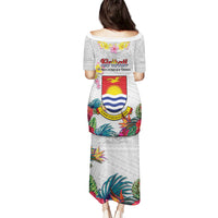 Kiribati Independence Day Puletasi Frigatebird Mix Tropical Flowers - White Style LT14 - Polynesian Pride