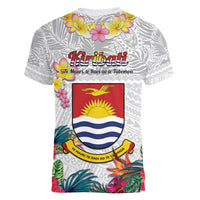 Kiribati Independence Day Women V-Neck T-Shirt Frigatebird Mix Tropical Flowers - White Style